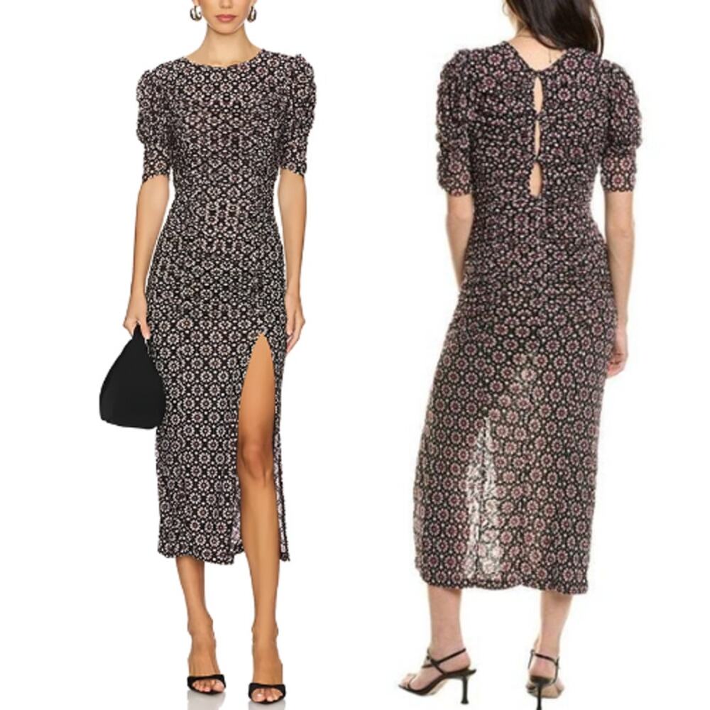 Free People FP Briella Floral Keyhole Back Ruched Thigh Slit Midi Dress Black L